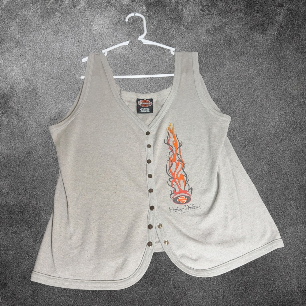 Y2K Biker Harley Davidson Womens Large Tank Top Rehoboth Beach Flames Snap Front